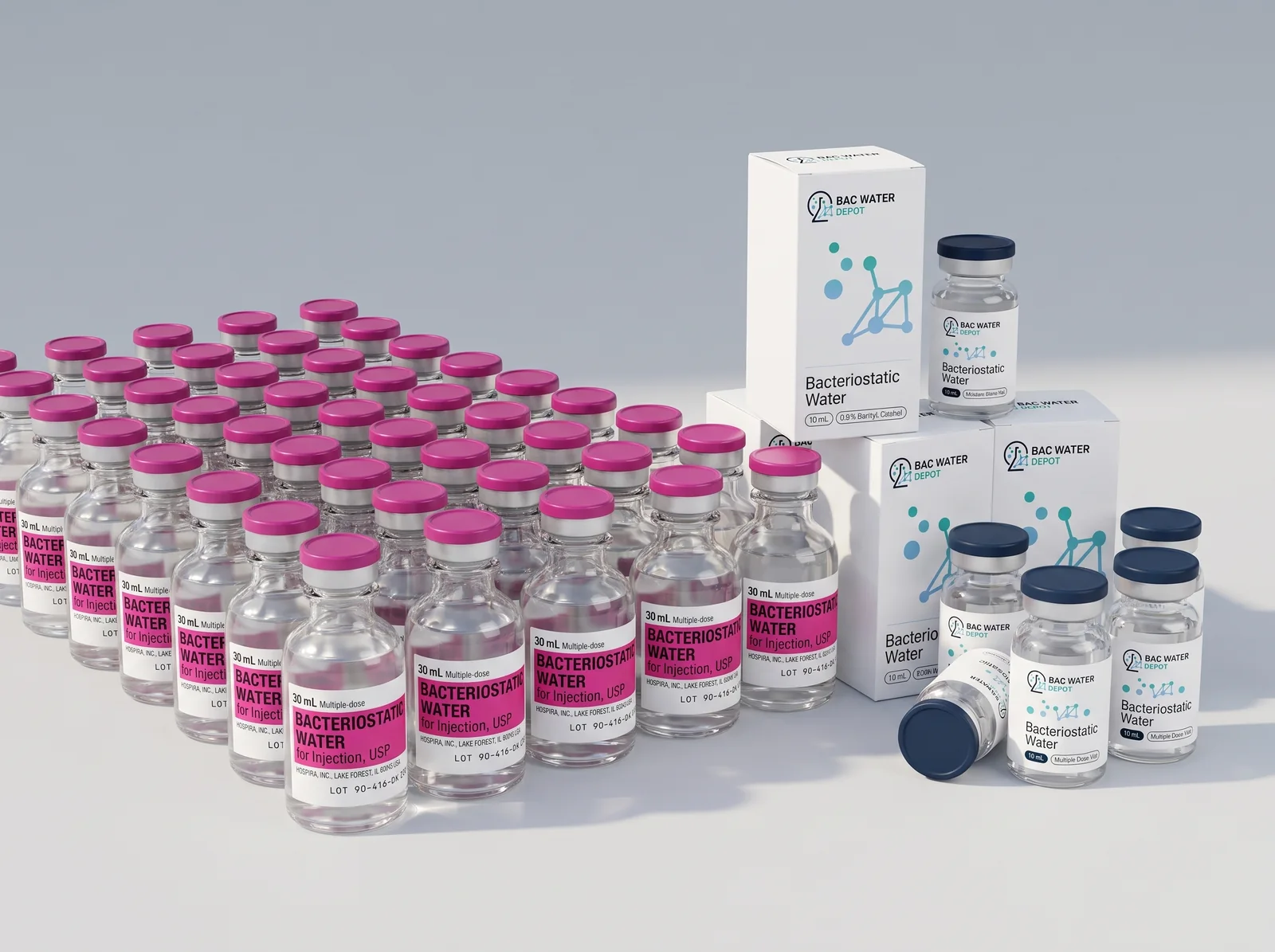 Rows of Hospira 30&nbsp;mL vials beside stacked BAC Water Depot boxes