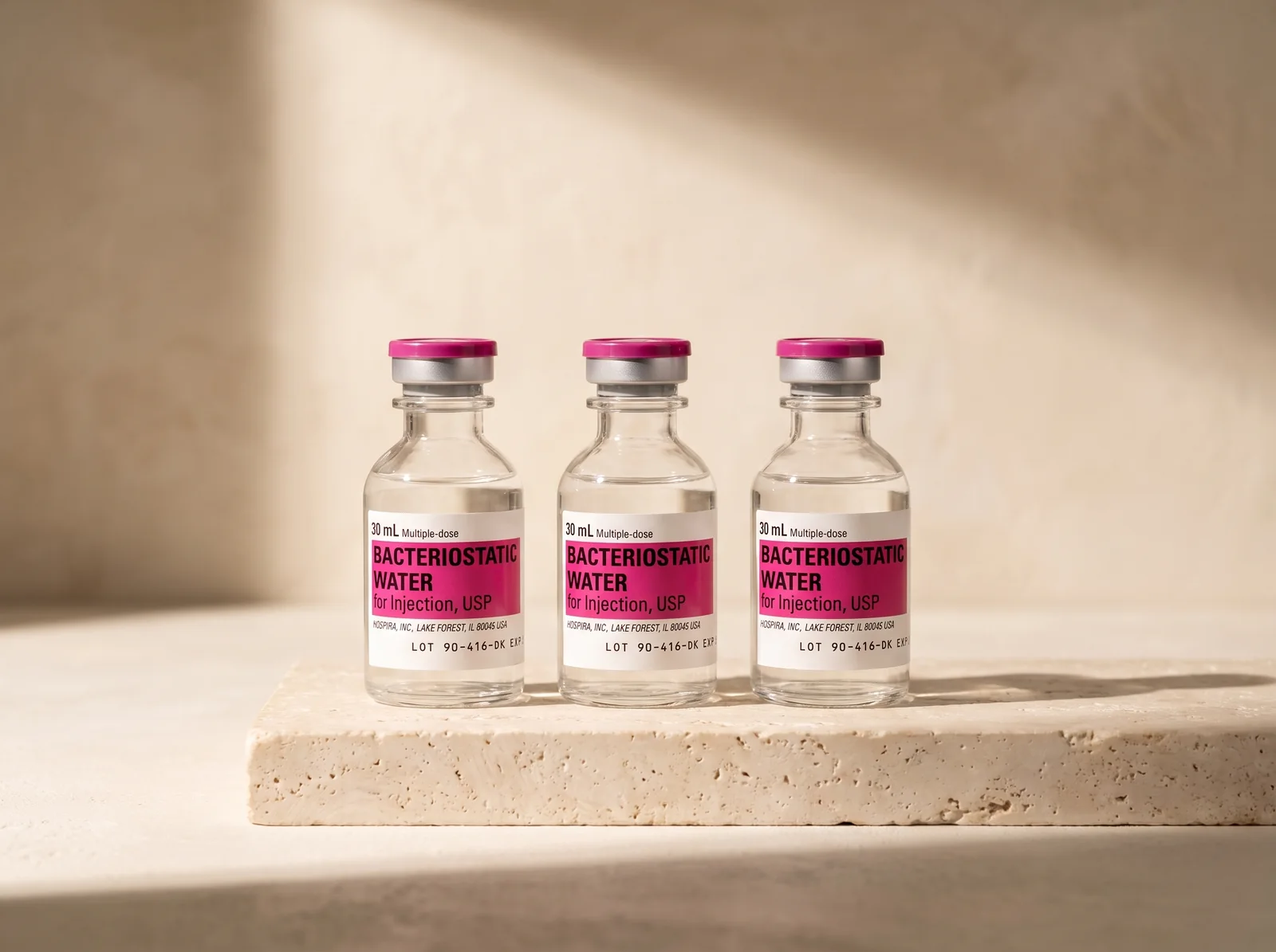 Three Hospira 30&nbsp;mL vials on a travertine block in window light