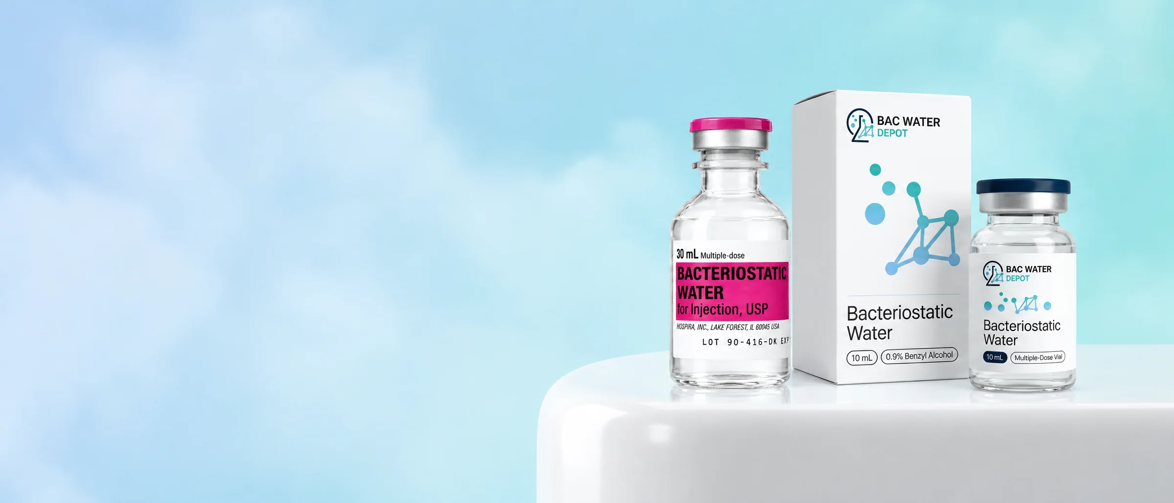 Hospira 30&nbsp;mL vial beside a BAC Water Depot 10&nbsp;mL box and vial on a white pedestal